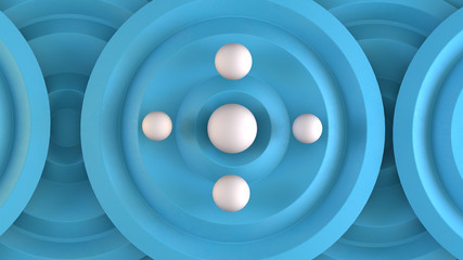 The grid pattern of blue disks with wavy effect and grunge texture.White spheres on top. Abstract background. 3d render.