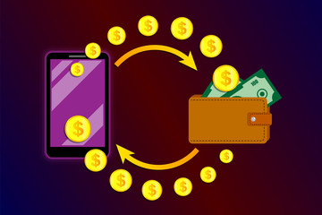 Online payments, payment via smartphone and the Internet. Receiving money transfers online. Vector