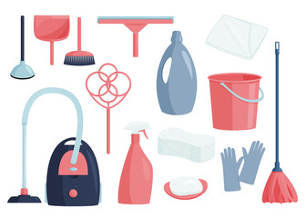 Colorful collection of cleaning products. Home cleaning tools. Vector set of illustrations in flat design style.