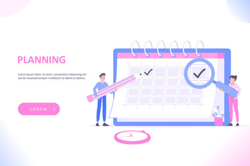 Schedule planning and calendar concept. Young people or workers planning on huge calendar, project development and time management, vector illustration