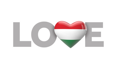 Love Hungary heart shaped flag with love word. 3D Rendering