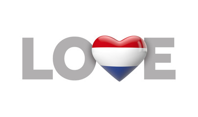 Love Netherlands heart shaped flag with love word. 3D Rendering