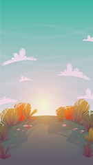 Fototapeta na wymiar autumn sunset forest nature background . park grass field hill . trees and bushes greenpeace meadow , summer or spring bright happy funny cartoon vector illustration wallpaper