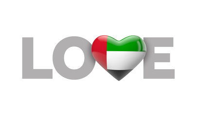 Love UAE heart shaped flag with love word. 3D Rendering