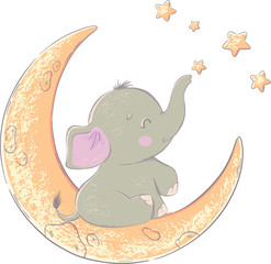 Cute cartoon elephant on the moon