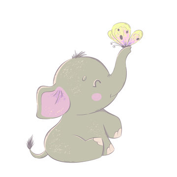 Cute cartoon elephant with butterfly