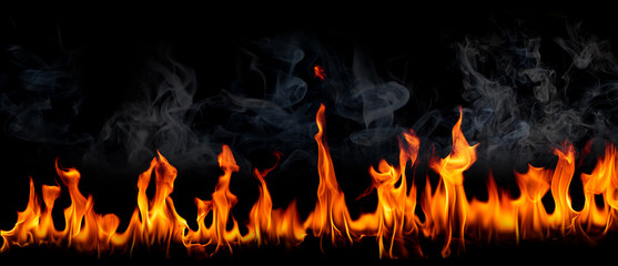 Fire flames with smoke on black background, Burning red hot sparks rise, Fiery orange glowing...