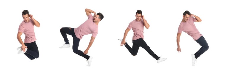 Collage with photos of man in fashion clothes jumping on white background. Banner design