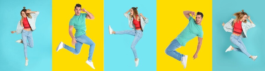 Collage with photos of young people in fashion clothes jumping on different color backgrounds....
