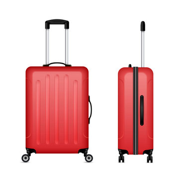 Red detailed rolling suitcase, roller aboard, cabin luggage. Trolley case, flight bag on wheel.