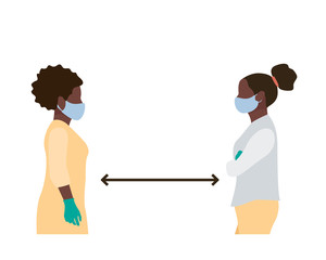 social distance two black Aframerican women wearing medical masks and gloves stand in front of each other. flat vector illustration