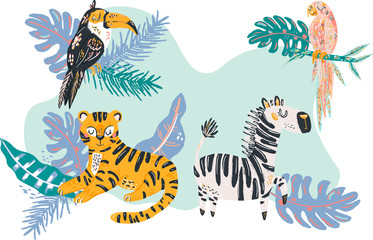 Cartoon wild animals collection set. Tiger, zebra, tiocan and parott. Tropical leavs background