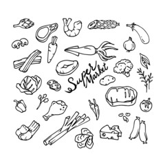 Vector of hand draw food and groceries in the supermarket