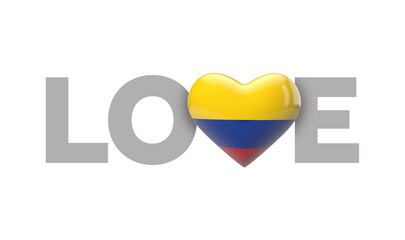 Love Colombia heart shaped flag with love word. 3D Rendering