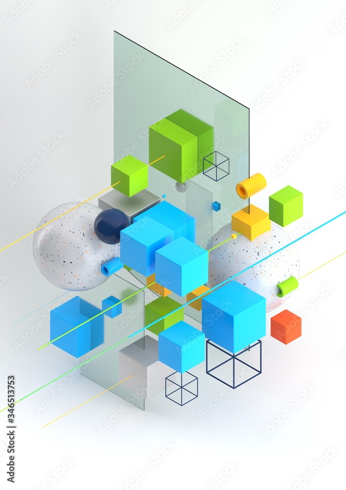 Fototapete Abstract 3d render visualization background, template modern composition of geometric shapes in isometric . Cube, sphere, cylinder, line.