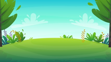 Fototapeta na wymiar grass glade lawn in the forest background, joyful bright kids green field, cartoon style hill summer sun clear sky with clouds bushes and flowers in the garden with fir trees , vector