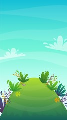 Obraz premium grass glade lawn in the forest background, joyful bright kids green field, cartoon style hill summer sun clear sky with clouds bushes and flowers in the garden with fir trees , vector