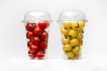 Packaging cherry tomato. Isolated white background. Cherry background.
