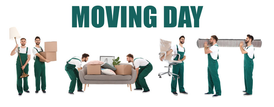 Collage with photos of workers carrying furniture on white background, banner design. Moving service