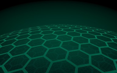 Multilayer sphere of honeycombs, green on a dark background, social network, computer network, technology, global network. 3D illustration