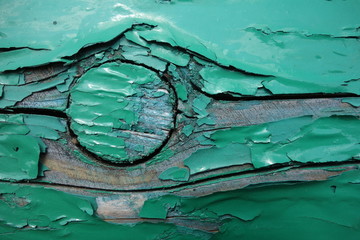 türkisfarbener Lack blättert von einem Holzbrett ab © Wolfgang Berroth
