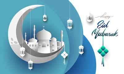 Eid mubarak greeting with background, Elegant element design with paper art style for design template, place for text greeting card for happy eid mubarak.