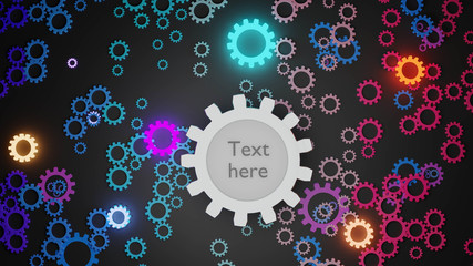 3D render illustration of many colorful simple gears, cogwheels spread on dark background. With one bigger cog in the middle with place for text