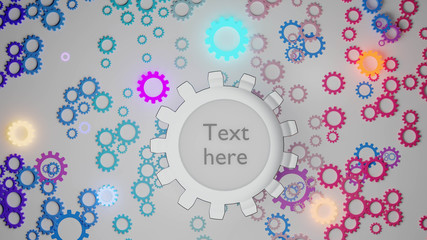 3D render illustration of many colorful simple gears, cogwheels spread on white background. With one bigger cog in the middle with place for text