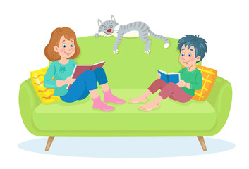 Children are sitting on a green sofa and reading books. Cute gray cat is sleeping nearby. In cartoon style. Isolated on white background. Vector flat illustration.