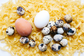 chicken and quail eggs in a nest on pasta background, family concept, selective focus