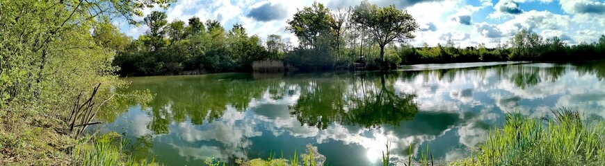 Natur; Landschaft; Blumen; Bäume; See; Weiher; Himmel; 