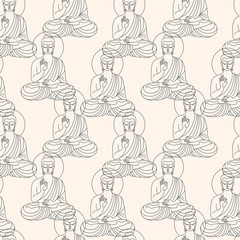 Sitting Buddha figure black and white seamless repeat vector pattern. Flat line simple drawing, linear modern outline sketch. Yoga, esoteric, spiritual background. Buddhist, indian, oriental template.