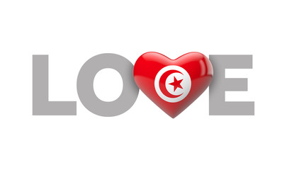 Love Tunisia heart shaped flag with love word. 3D Rendering