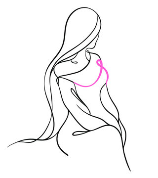 Girl silhouette with pink ribbon on the chest. Breast cancer awareness month, continuous line, drawing of body, woman, black - minimalist tattoo concept.
