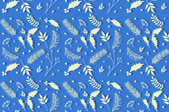 Christmas Seamless Pattern Leaves Background Vector Blue White Frost Leaves Cool Wallpaper Product Design Party Supplies  Fabric Modern Unique