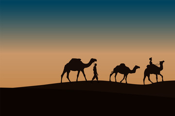 Fototapeta na wymiar Two Caravan with camels in the desert with mountains on background. Vector illustration designed by alfaysal360.