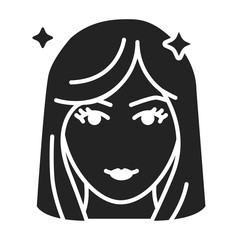 Beautiful women face with fashionable hairstyle black glyph icon. Avatar girl. Pictogram for web page, mobile app, promo. UI UX GUI design.