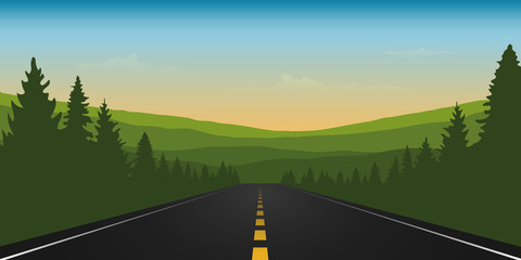 asphalt road in green mountains summer landscape vector illustration EPS10