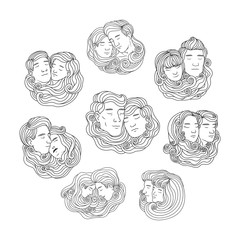 head of Male and female relationship couple drawing in long hair tie them up vector illustration
