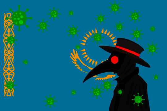 Black plague doctor surrounded by viruses with copy space with KASAKHSTAN flag.