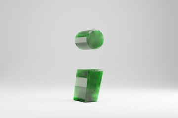 Jade 3d semicolon symbol. Jade sign isolated on white background. Green jade semitransparent stone alphabet. 3d rendered font character.