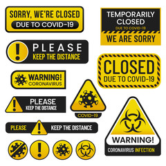 Obraz premium Set of vector covid 2019 danger signs. Coronavirus