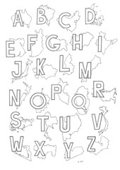 Black and white image of the alphabet with English letters and the outline of the countries in the letter. 26 letters.