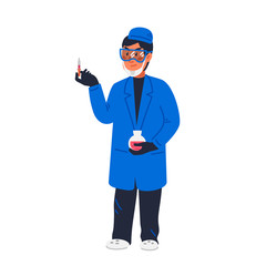 scientist - Man scientist in lab coat checking red substance in dropper. Vaccine development. Scientific research, fight against covid-19. Flat style vector illustration on white background.