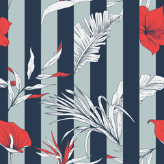 Seamless tropical pattern with flowers, palm leaves and stripes