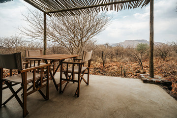 Outdoor seating area of a private hut in Waterberg Guest Farm, Namibia.