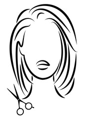 Silhouette of a cute lady. The girl shows a hairstyle on medium and long hair and scissors. Suitable for logo, hairdresser advertising. Vector illustration