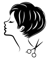 Silhouette of a cute lady. The girl shows a hairstyle on medium and short hair and scissors. Suitable for logo, hairdresser advertising. Vector illustration