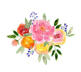 Watercolor loose style pink, red, peach ostin rose, peony, blue bell flower and green leaves bouquet. Modern trendy template border for invitation, wedding, banner, greeting card design, poster - 346529133