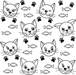 Seamless pattern of black and white cats. Different emotions are depicted on the muzzles. Vector Illustration on a white background.